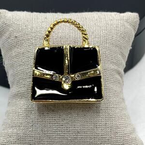 Unsigned Black Enamel Rhinestone Gold tone Bag Purse‎ Satchel Brooch